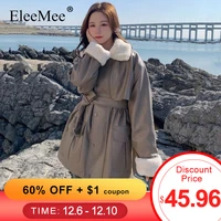 eleemee women jacket with faux rabbit fur short pu winter coat sashes slim zip 2022 new arrival female outerwear size s 2xl