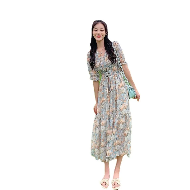 

Retro floral 2021 new summer women's short sleeve dress V-neck waist lace up long