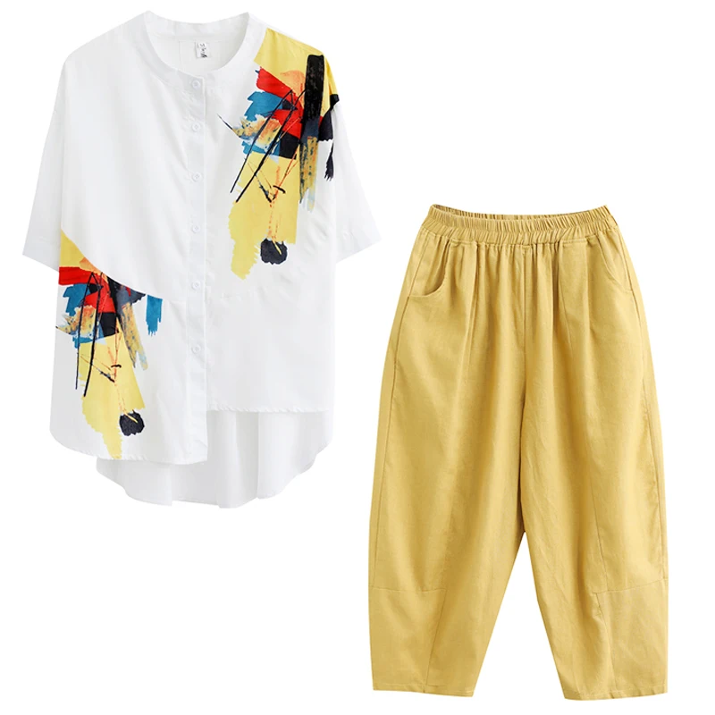 Женский комплект из 2 предметов Повседневная рубашка с асимметричным принтом и