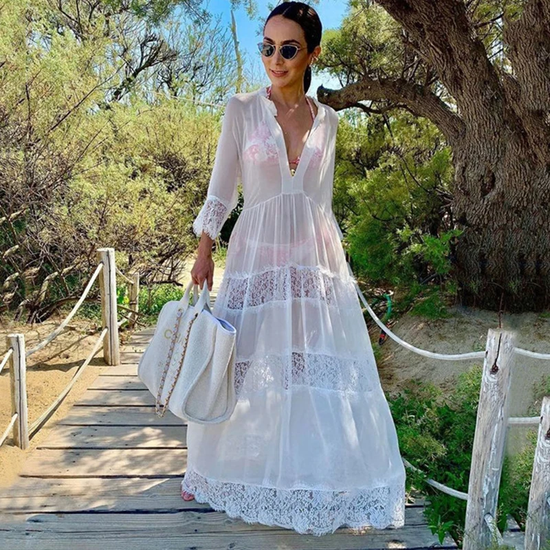 

Sexy Lace Chiffon Beach Dress Women Bikini Swimsuit Cover Up Long Beach Dress Tunics Long Sleeves Beach Cover Up Robe De Plage