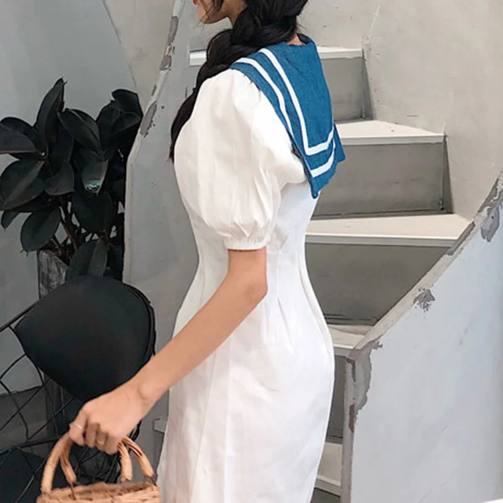 

Japan Style Women's Dress 2021 Spring Summer Fashion Temperament Cute Retro Single-breasted High Waist Navy Collar Puff Sleeve