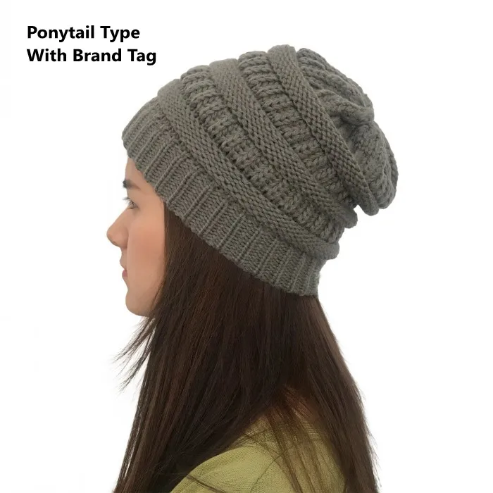 gray ponytail Женские зимние вязаные шапки, шерстяные теплые шапки, женские повседневные Шапки, одноцветные шапки-бини - Цвет: gray ponytail