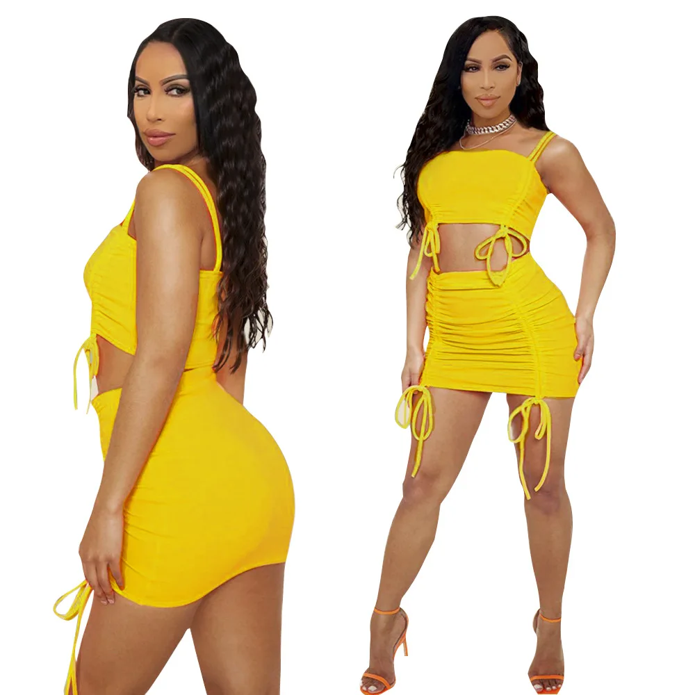 

Yellow Short Skirt Suit Fashion Women's Sexy Halter Strap Top + Mini Skirt Two-piece Summer New European And American Suit S-XL