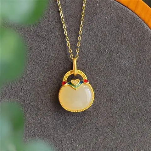 

Original S925 Sterling Silver Enamel Natural Hetian Jade Small Bag Lucky Purse Pendant Small Necklace Ornament