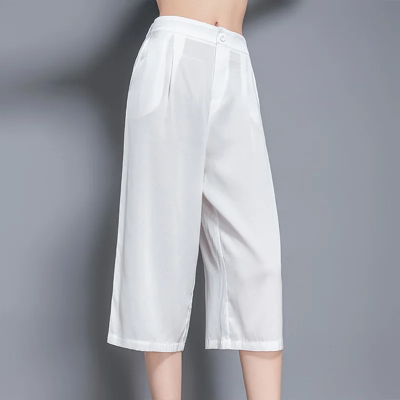 

NS143 Silk pants women's elastic waist down fashion wide leg pants mulberry silk white Capris