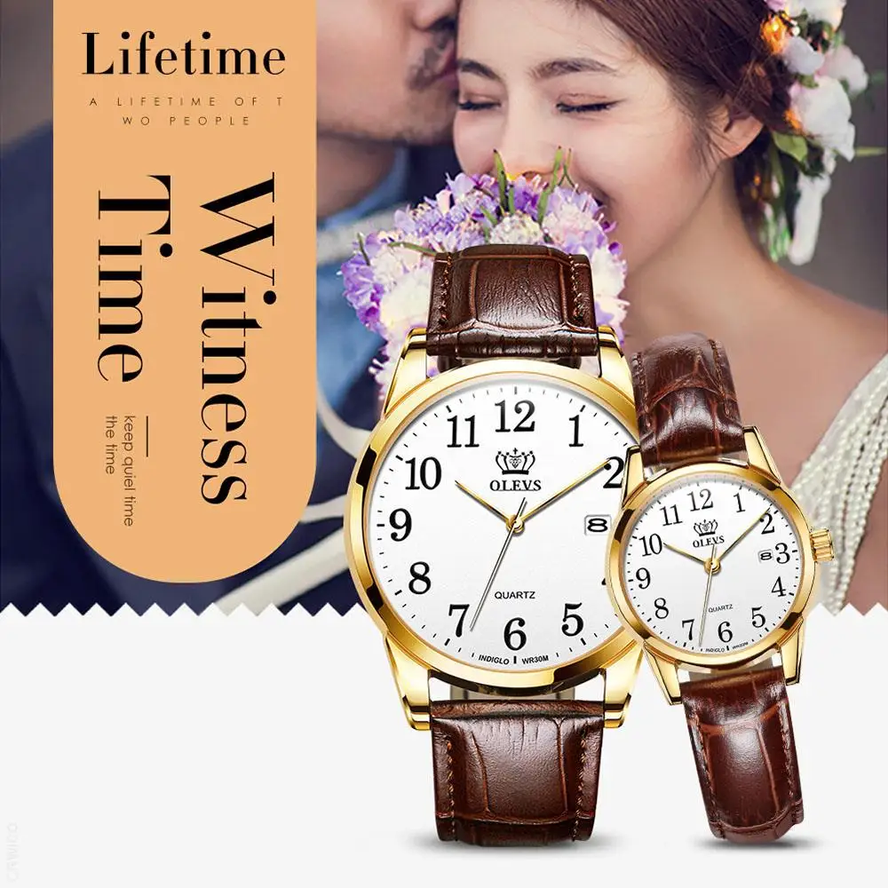 OLEVS Couple Watch Waterproof Fashion Quartz Watches Casual Luxury Dress Genuine Brown Leather  Wristwatch Lover Watch Gifts Set