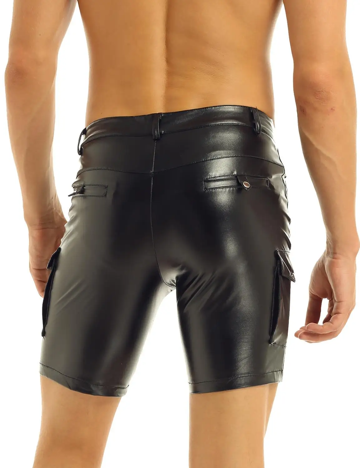Шорты мужские из искусственной кожи блестящие повседневные штаны на молнии с