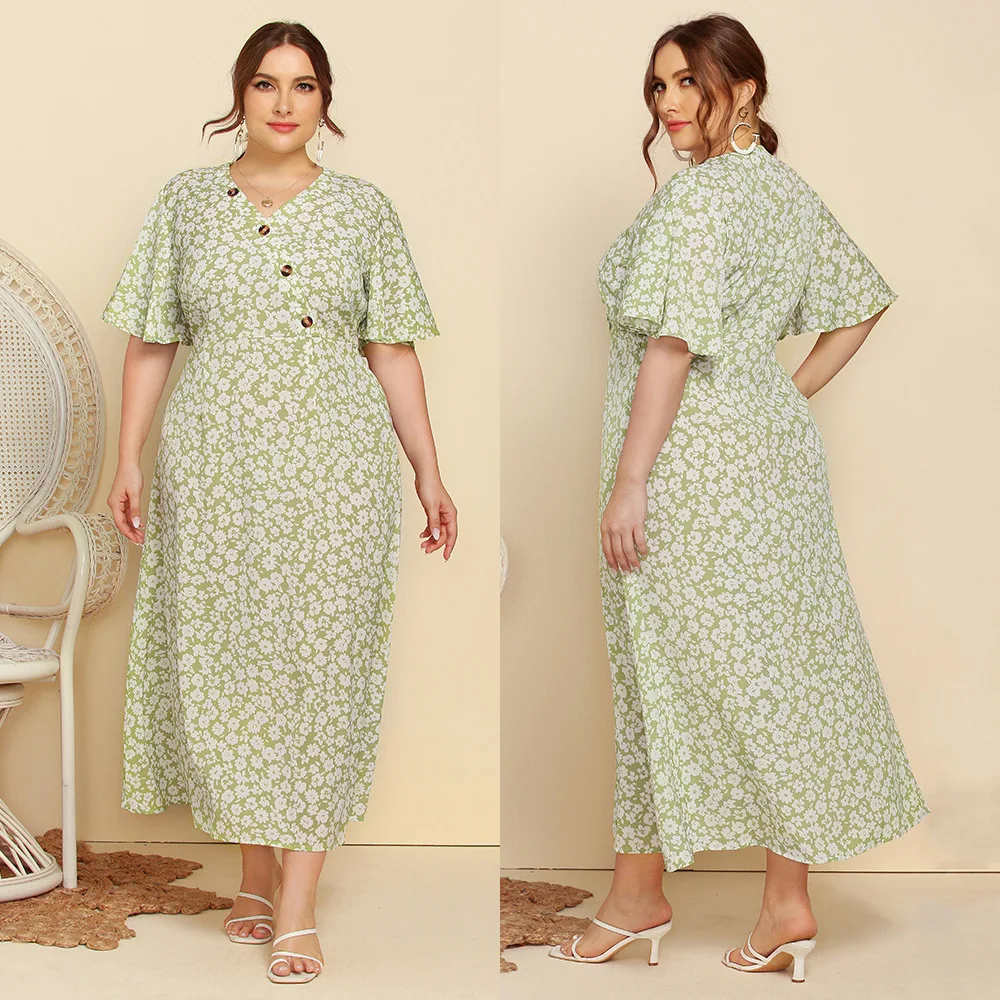 

Женское платье-макси с v-образным вырезом, коротким рукавом и цветочным принтом