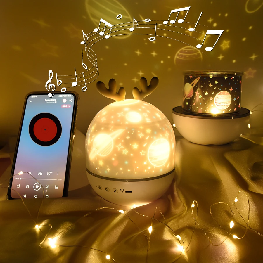 

Deer Music Projector Lamp Night Light With BT Speaker Starry Sky Star Rotate Bedroom Bedside Lamp Decor Christmas Kids Baby Gift