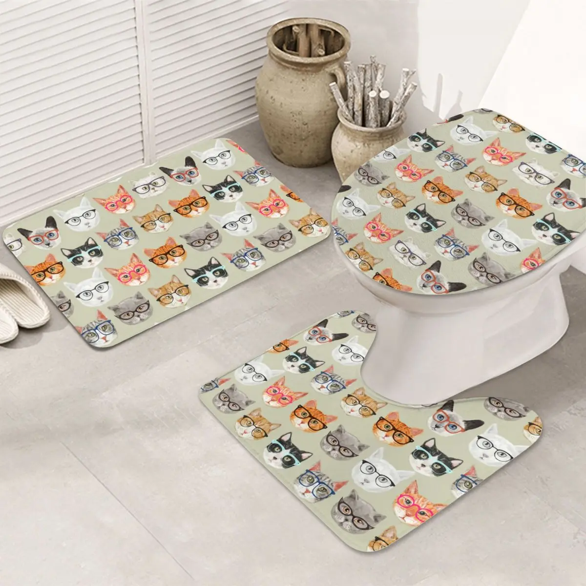 

Cat With Glasses Bath Bathroom Carpet Mat Toilet Rug New 3Pcs/set Set Flannel Anti-Slip Kitchen Washable