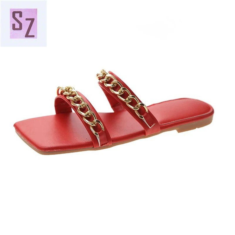 

2021 Summer Designer Fairy Shoes Wear Holiday Fashion Beach Shoes Thinner Metal Chain Flat Bottom with Female Summer Sandals