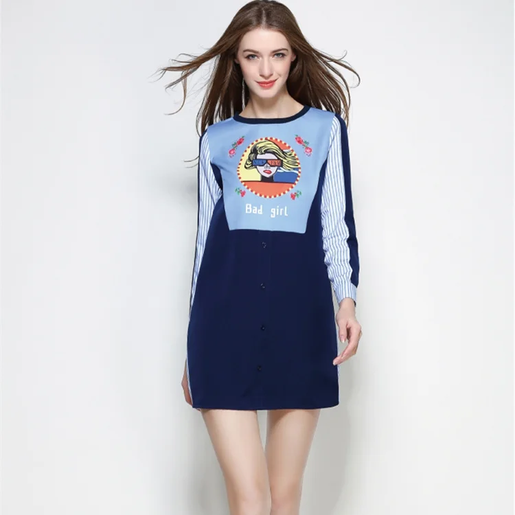

Dress Women 2021 Autumn Fashion Pattern Printed Patchwork Striped Long Sleeve Blue Shirt Dress Chic Ladies Dress
