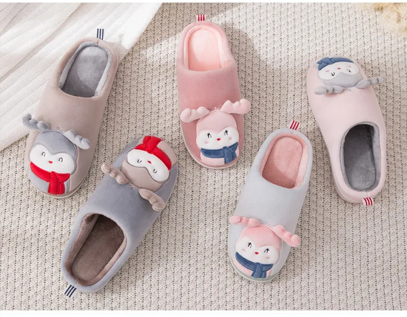 Women Home Flat Slippers Indoor Shoes Female Slip On Cute Cartoon Deer Furry Warm Ladies Christmas Woman Shoes Soft Footwear