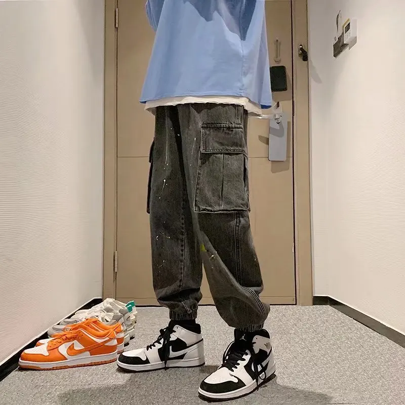 

Denim Cargo Pants Men's Loose Paint Dot Jeans with Pockets Stretch Waist Denim Jeans for Men Baggy Jeans Goth Clothes Streetwear