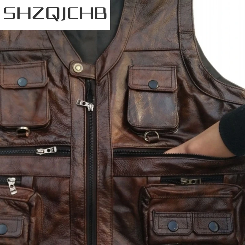 

JCHB 2021 Cowhide Genuine Leather Vest Men Brown Waistcoat Male Sleeveless Jacket Thick High Quality Motorcycle Vest Multi Pocke