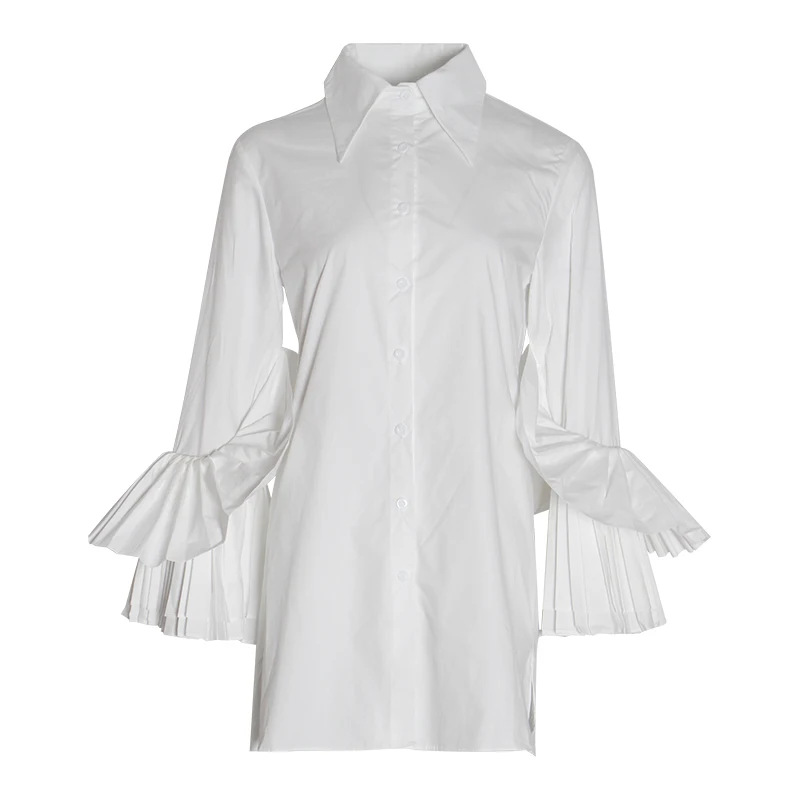 Женская рубашка CHICEVER черная Свободная с рукавом фонариком и плиссированными