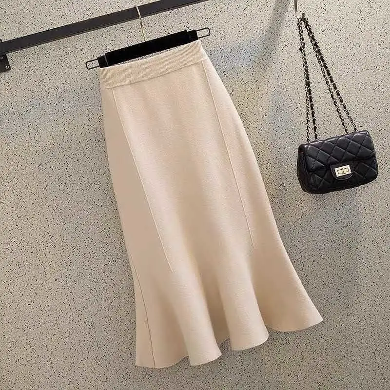 

Autumnl Winter Korean Chic Ruffles Slim High Waist Mermaid Skirts Women Wild Solid Wrap Hip Knitted Trumpet Skirt Faldas Y91