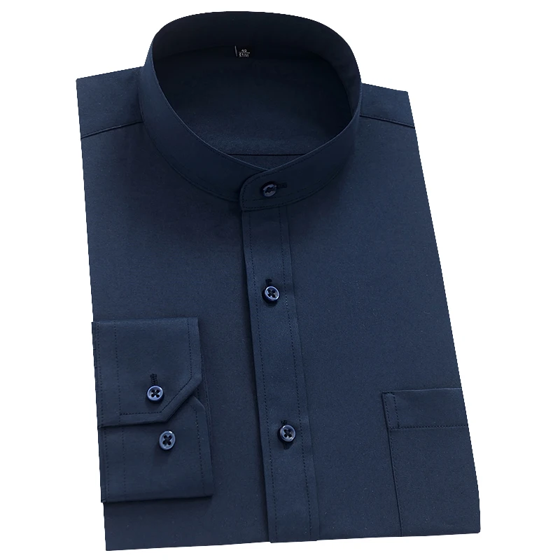 

Men's Mandarin Collar Long-Sleeved Shirts Vintage Chinese Stand-Collar Casual Regular Shirt