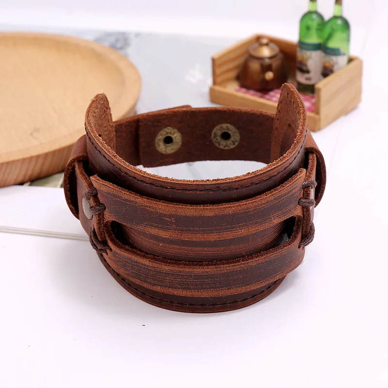 ZORCVENS New Fashion Men Wide Genuine Leather Bracelet Brown Cuff Bracelets &amp Bangles Vintage Punk Wristband Jewelry | Украшения и