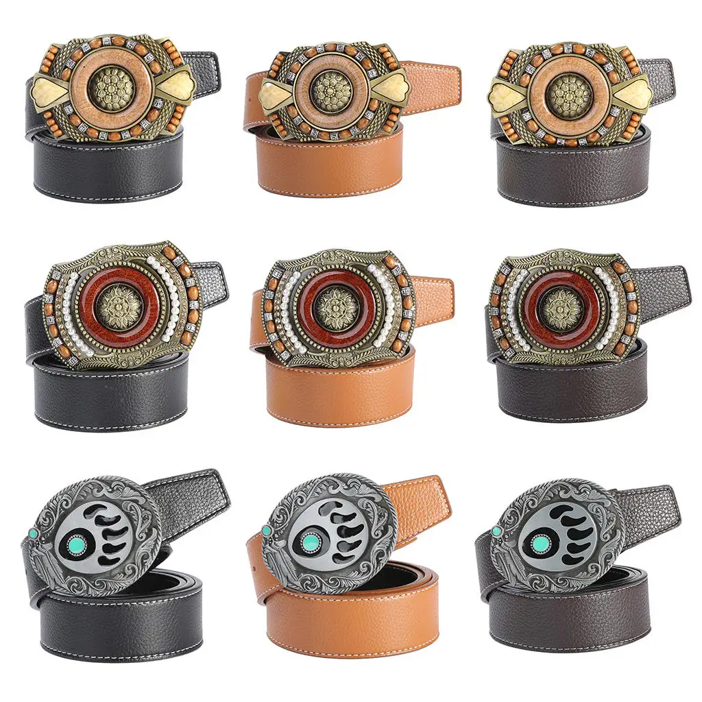 

Western Engraved Leather Belt - Gemstone Beads & Turquoise Belt Buckle - Novelty Cowboy Belt
