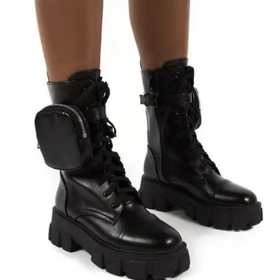 

Womens Chunky Sole Pouch Ankle Boots Ladies Pocket Goth Punk Biker Shoes NEW