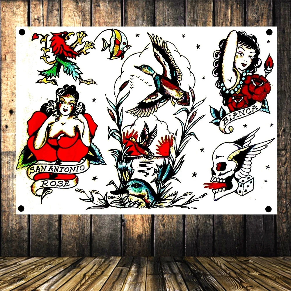 

Tattoo Pattern Flag Banner Cloth Art Retro Poster Tapestry Wall Sticker Hanging Painting Home Decoration 96x144 CM USN\USMC\USA