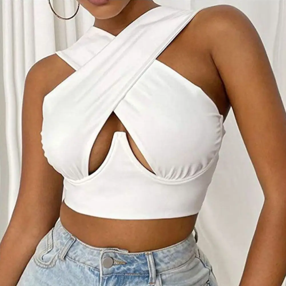 

Summer Streetwear Sleeveless Cutout Front Bustier Sexy Criss Cross Women's Bra Crop Tops Tank Tops