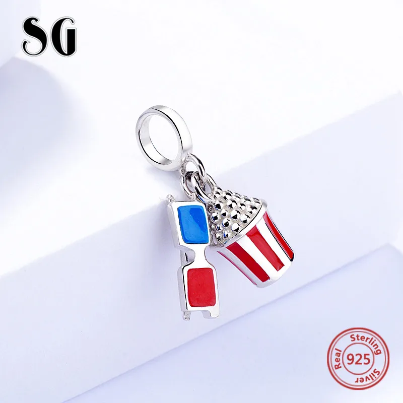 SG попкорн и очки бусины с синим красным эмалью амулеты 925 пробы серебро Подходит