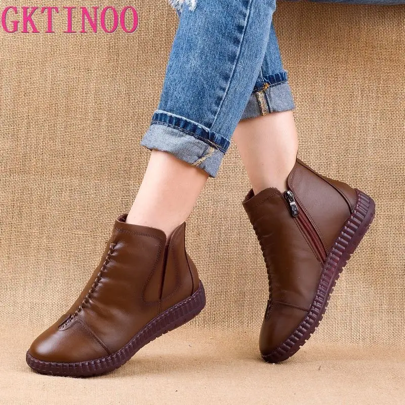 GKTINOO 2022 Winter Genuine Leather Ankle Boots Handmade Lady Soft Flat Shoes Comfortable Casual Moccasins Side Zip Ankle Boots