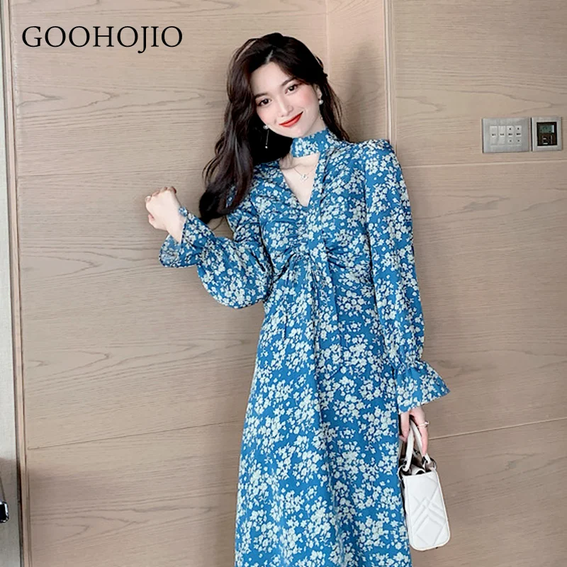 

GOOHOJIO 2021 New Spring and Autumn Floral Chiffon Dress Women V-neck Chic Dress for Women Temperament Long Sleeve Women Dresses