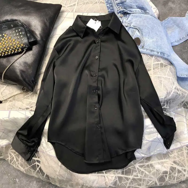 

Women Silk Shirt 2021 Womens Spring Clothing Vintage Satin Sheer Blouse Top Female Long Sleeve Overshirt
