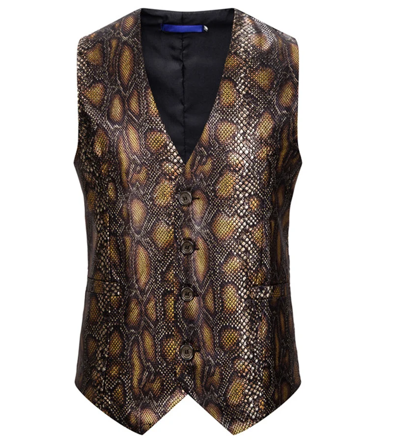 

Men's Retro Design Casual Slim PU Leather Vest Vogue Nice Autumn Sleeveless Waistcoat Python Print Suit Vest