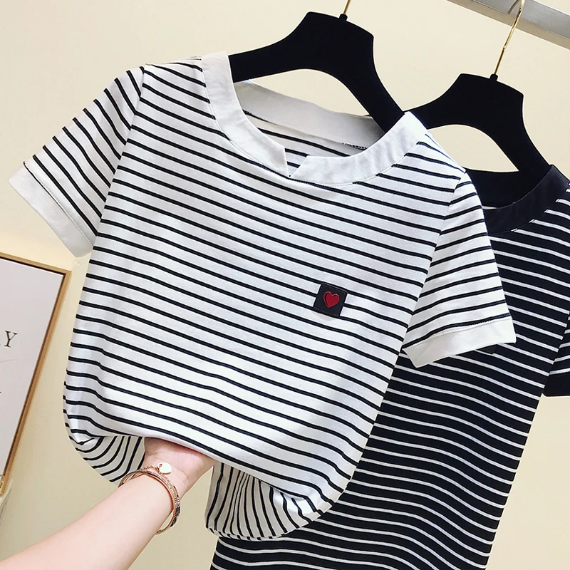 

gkfnmt Poleras Mujer Tshirt Femme 2021 Stripe Female T Shirt Women Cotton Slim T-Shirt Woman Summer Camiseta Feminina Casual