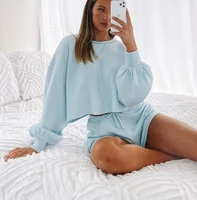 summer o neck long sleeve loose shirt top women set 2021 new spring shorts knit casual loose two piece sets blue white outfits