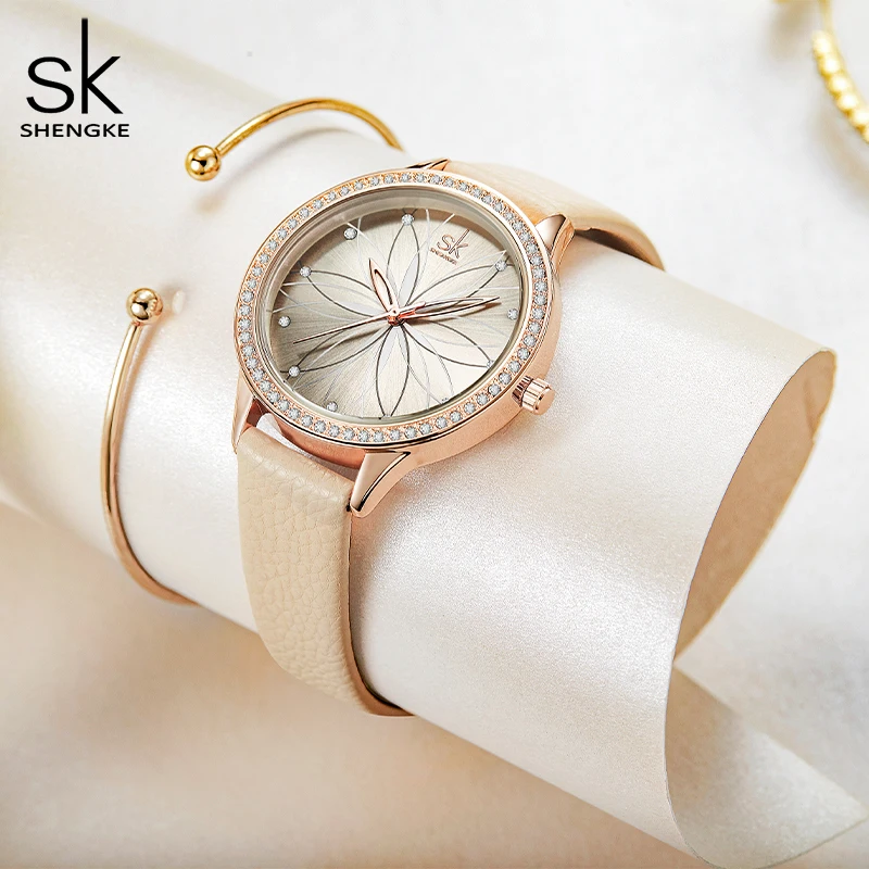 

Часы наручные Shengke женские кварцевые, люксовые Простые Модные, с кожаным ремешком, 2020