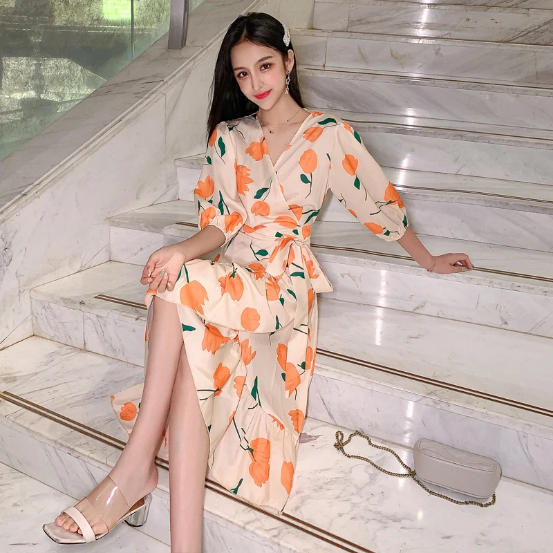Женское шифоновое платье с цветочным принтом офисное элегантное винтажное для