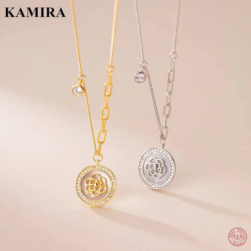 

KAMIRA 925 Sterling Silver Vintage Round Flower Zircon Link Chain Pendant Necklace for Women Party High Quality Fine Jewelry Hot