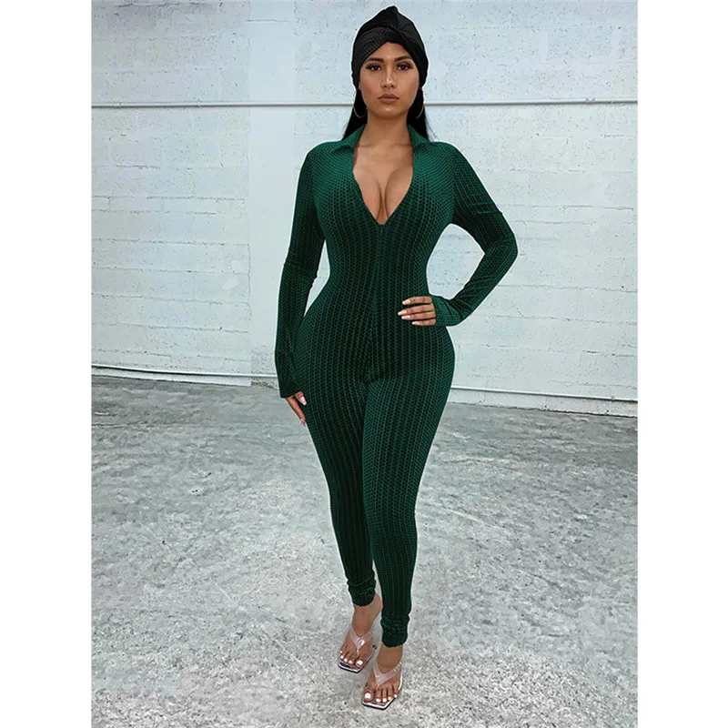

HIRIGIN 2021 New Women Striped Print Jumpsuit Deep V-neck Zipper Velvet Long Sleeve Tights Jumpsuits Romper Fall Autumn Style