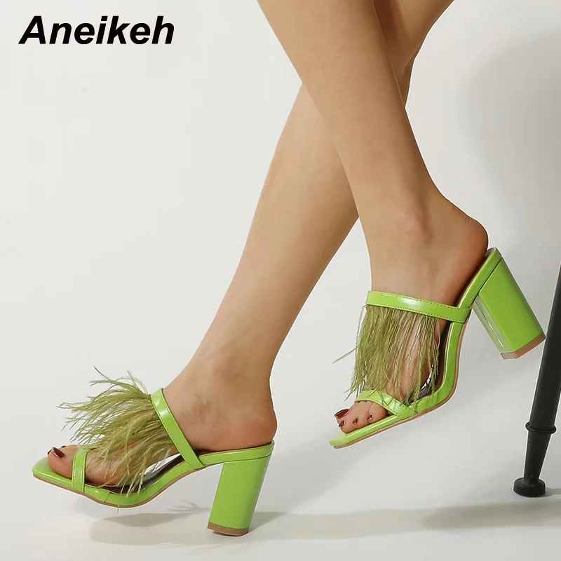 

Aneikeh Zapatos De Mujer NEW 2022 Summer PU Concise Shallow Open Toe Square High Heel Lazy Slippers Fringe Solid Green 35-42 NEW