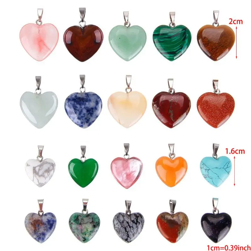 

20 Pieces Heart Shape Stone Pendants Chakra Beads Crystal 2 Different Sizes