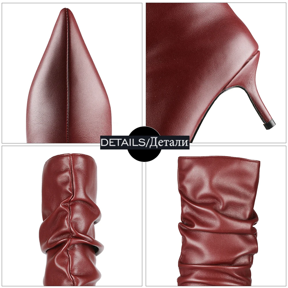 

WETKISS Big Size Ladies Boots Pointed Toe Stiletto High Heels Mid Calf Shoes Slouch Woman Pleated Women Short Boots Fashion Shoe