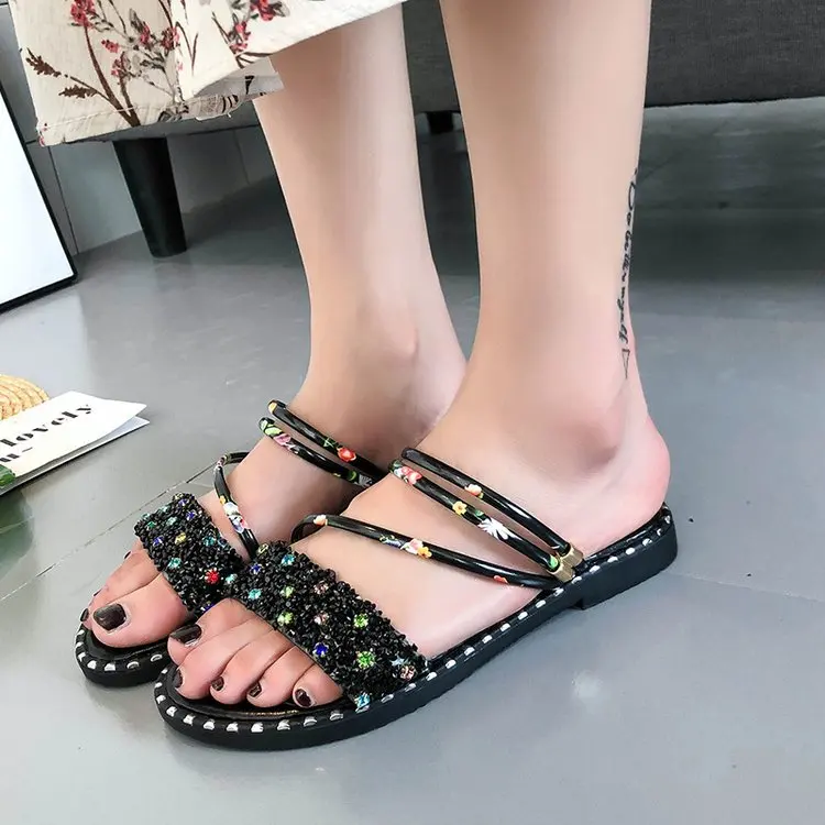 

2021 New Outdoor Dual-Purpose Slippers Women's Summer Fashion Outdoor Rhinestone All-Match Dual-Use Sandals Flat Summer Sandals
