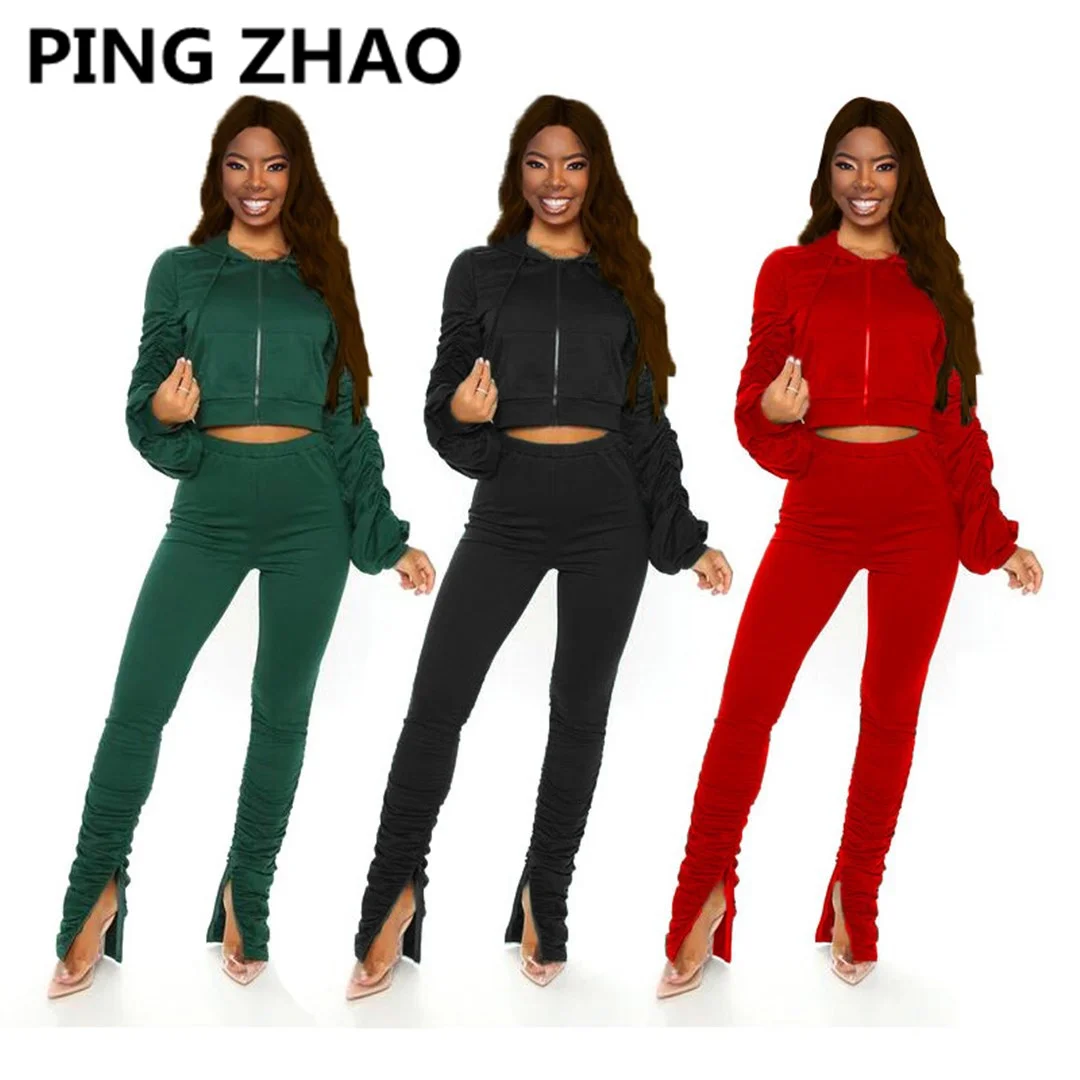

Женские костюмы PING ZHAO, плиссированные топы на молнии с длинным рукавом и брюки с разрезом, костюм из двух предметов, осенняя одежда для фитне...