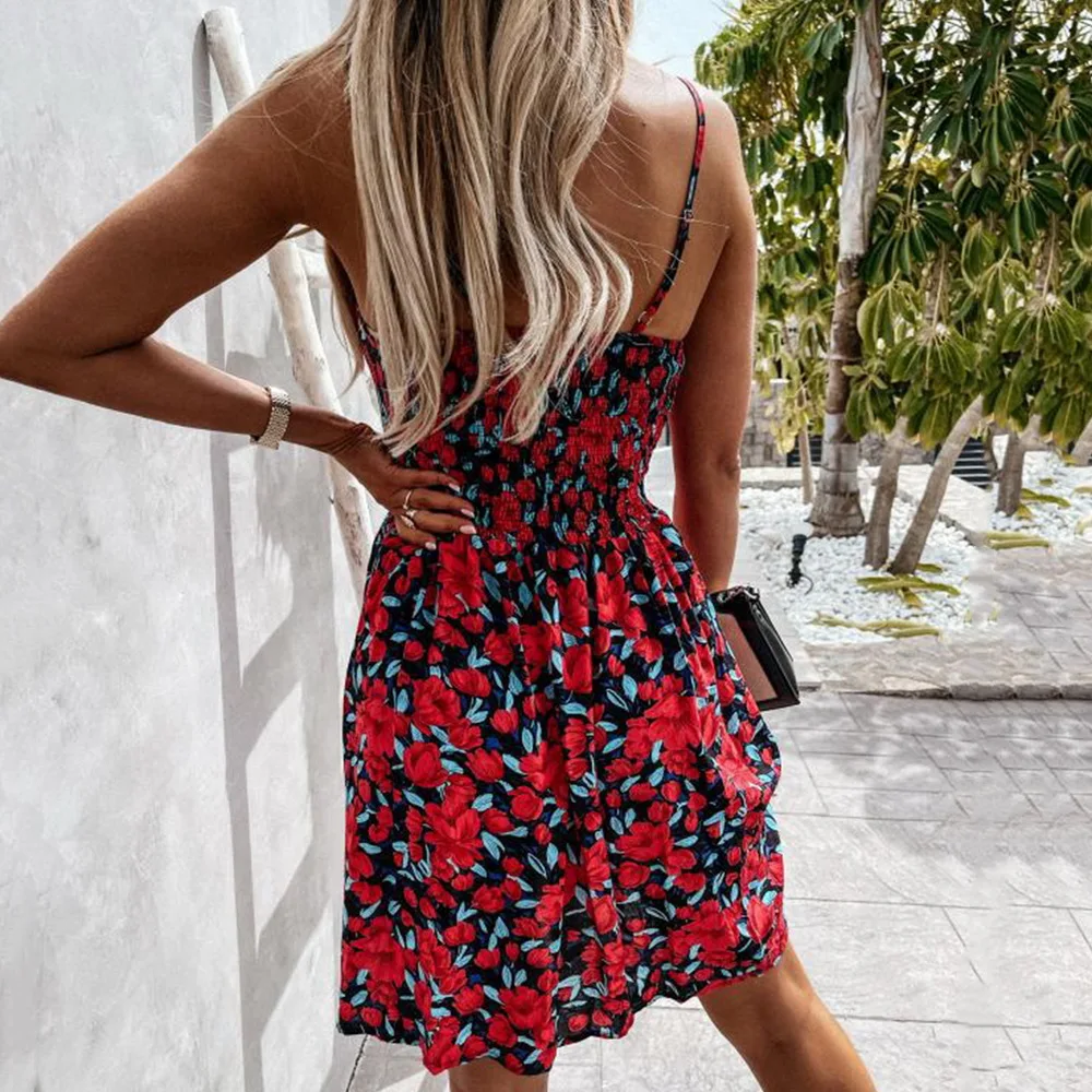 

Women Retro Floral Prints Elastic Waist Mini Dress Sexy Deep V Neck Sleeveless Sling Dress Summer Backless Lady Dresses Vestidos