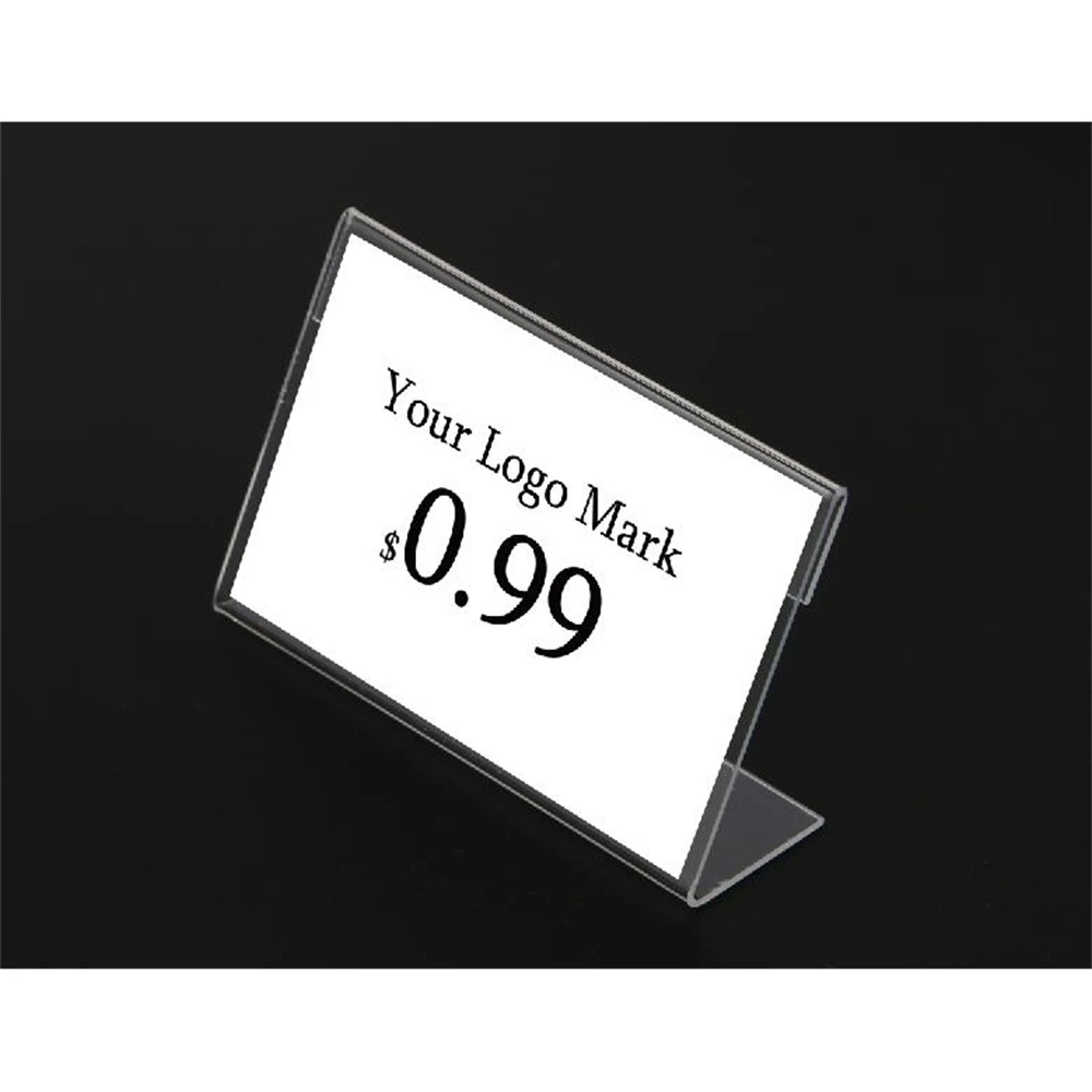 

Acrylic T1.3mm Clear Frame Plastic Table Sign Price Tag Label Display Paper Promotion Card Holders Small l Shape Stands 100pcs