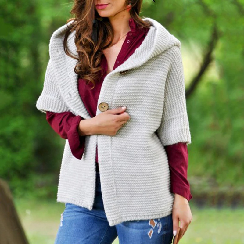 

Autumn Winter Cardigan Solid Hooded Sweater Women Coat Casual Knitted Half Sleeve Sweaters Female Plus Size