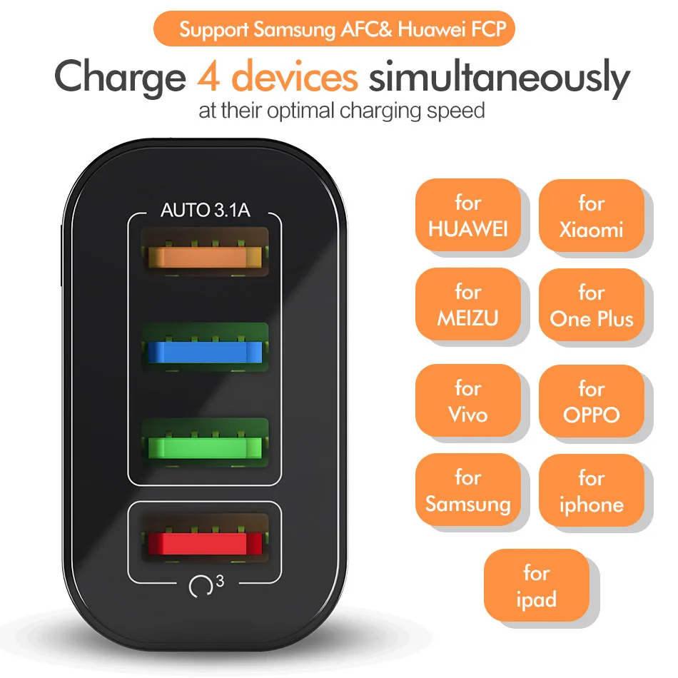 Quick Charge 3.0 For Samsung Charger 18W QC Fast Charging iPhone11 Pro Xiaomi mi Wall Travel 4 Ports USB Adapter | Мобильные