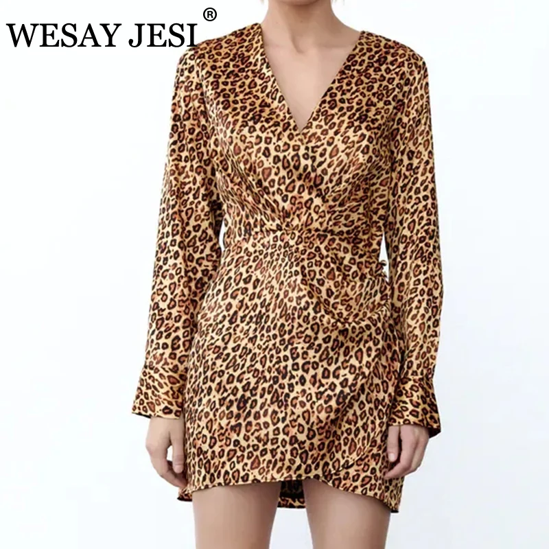 

WESAY JESI ZA 2021 Elegant Dresses For Women Vintage Long Sleeve Leopard Print Ruffle Dress Office Wear Deep V-neck Mini Dress