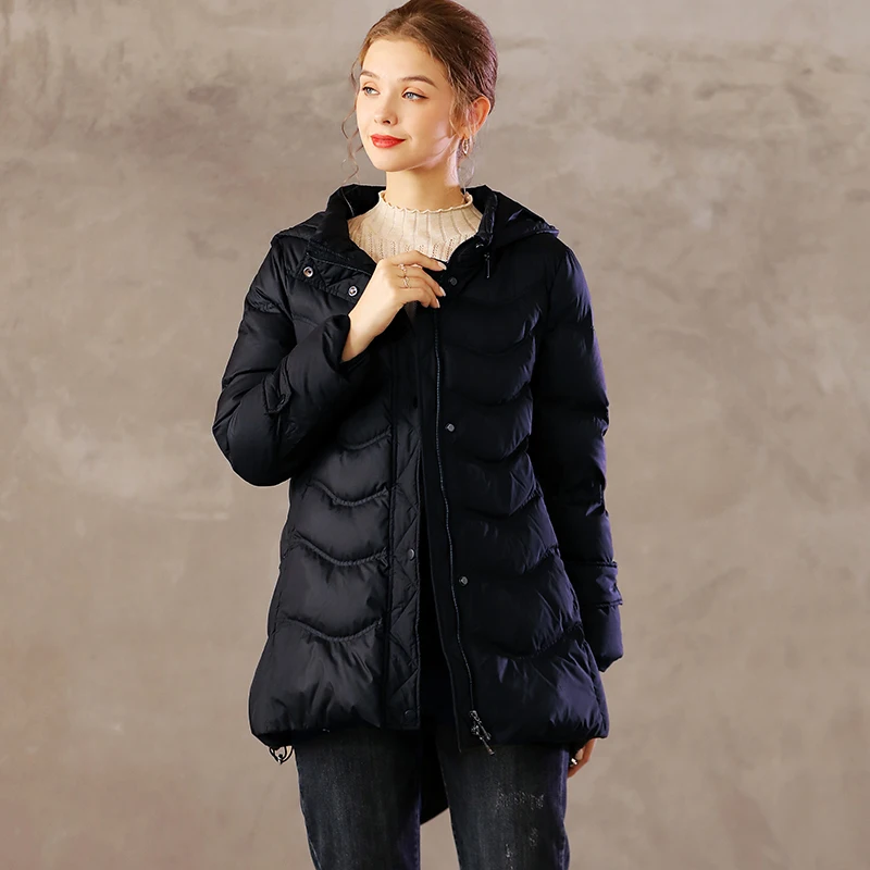 

New style down jacket women's temperament simple black all-match waist thinner hooded thin white duck down jacket tide ladies