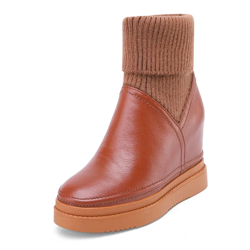 Женские ботинки до середины икры из натуральной коровьей кожи на платформе и